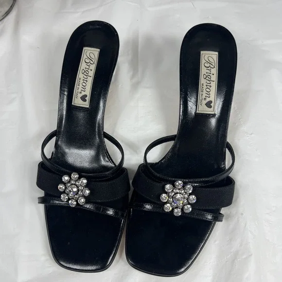 Brighton Shoes Women 8 Black Leather Silver Rhinestone Throne Heel Made Italy - Picture 2 of 16